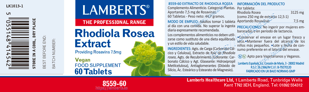 Rhodiola Rosea 3125 mg (7,5 mg de Rosavinas) 60 tabletas LAMBERTS - Imagen 2