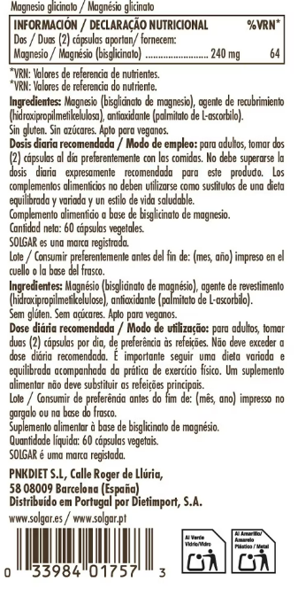 Magnesio glicinato - 60 cápsulas vegetales SOLGAR - Imagen 2